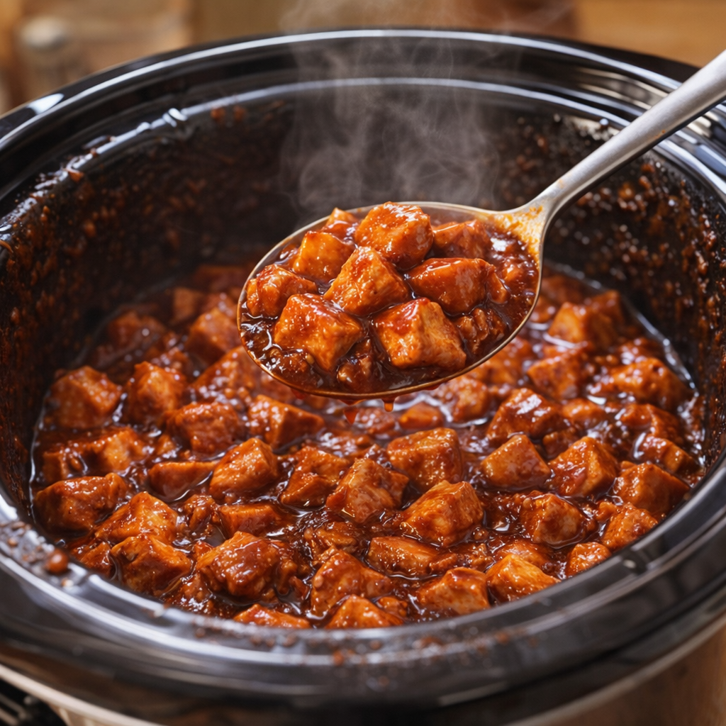 Cooked barbecue chicken in slow cooker with spoon lifting a portion
