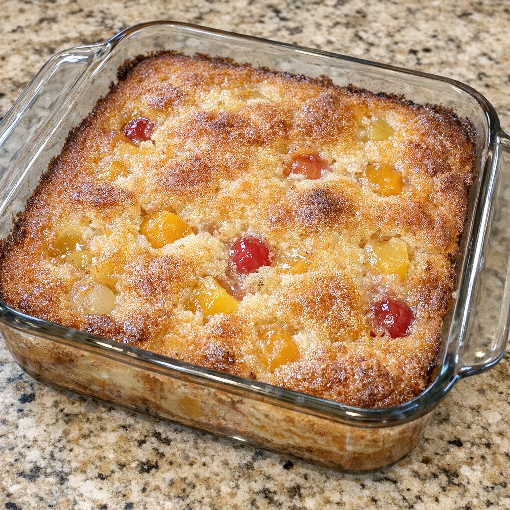 Fruit cocktail cake in a glass casserole dish