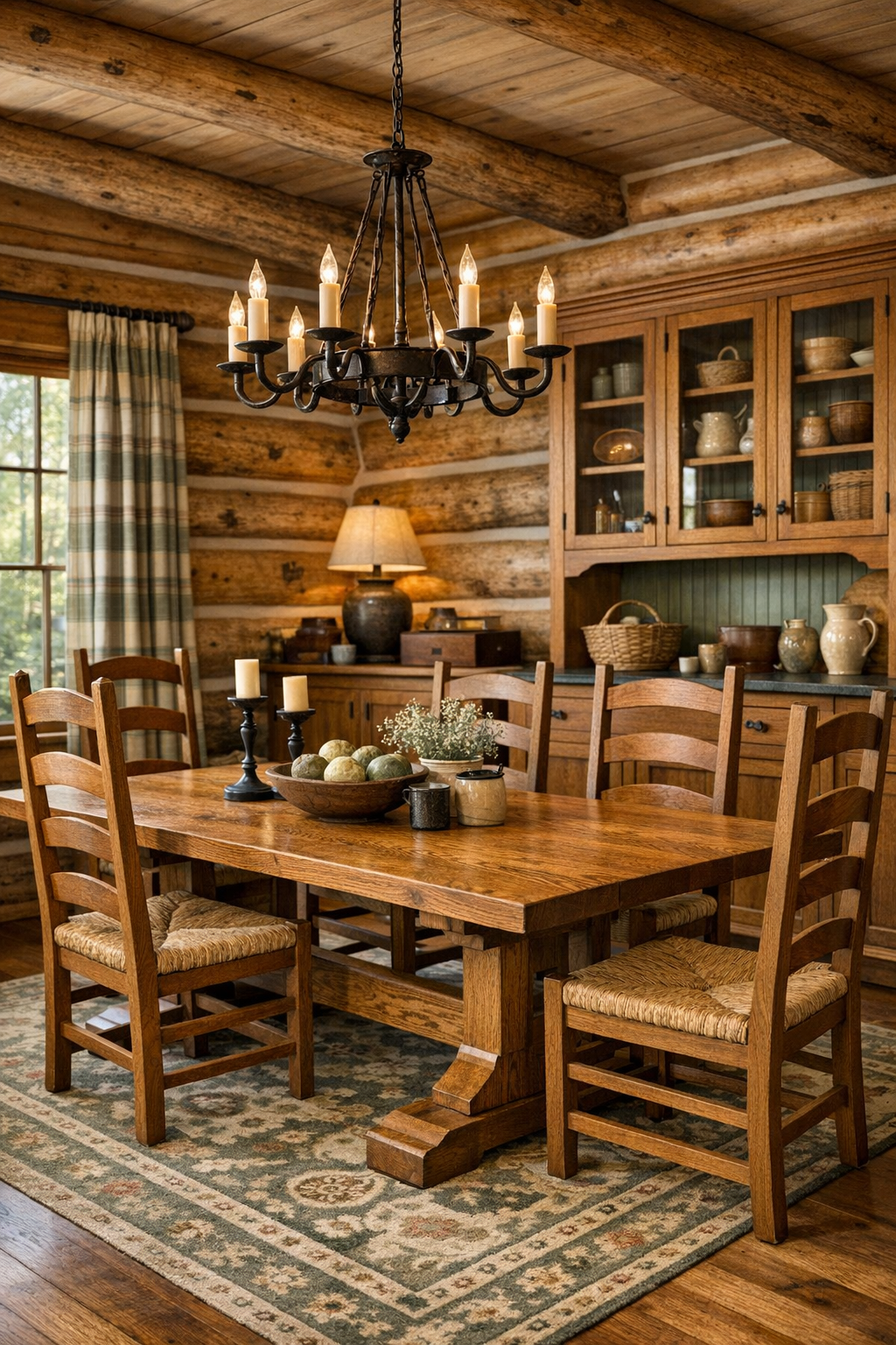 Traditional dining room with trestle table and handcrafted wood details