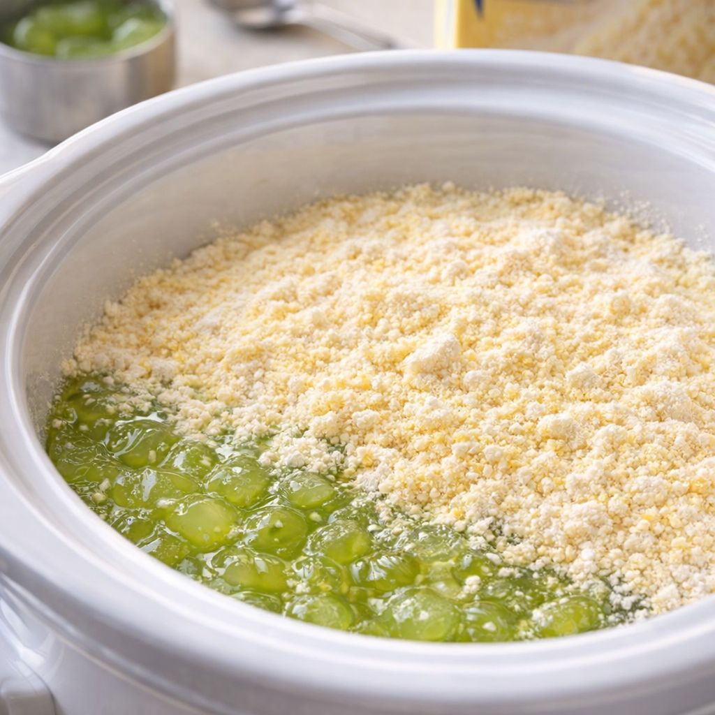 Cake mix layered over lime filling in slow cooker