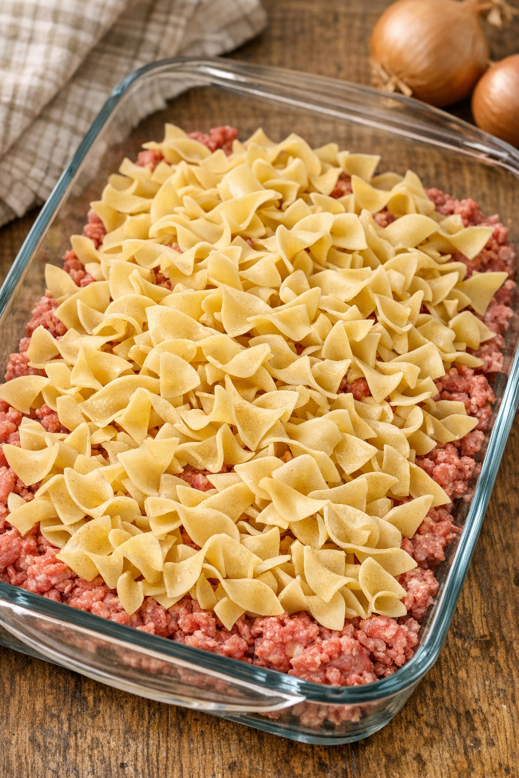 Dry egg noodles layered over raw ground beef in baking dish
