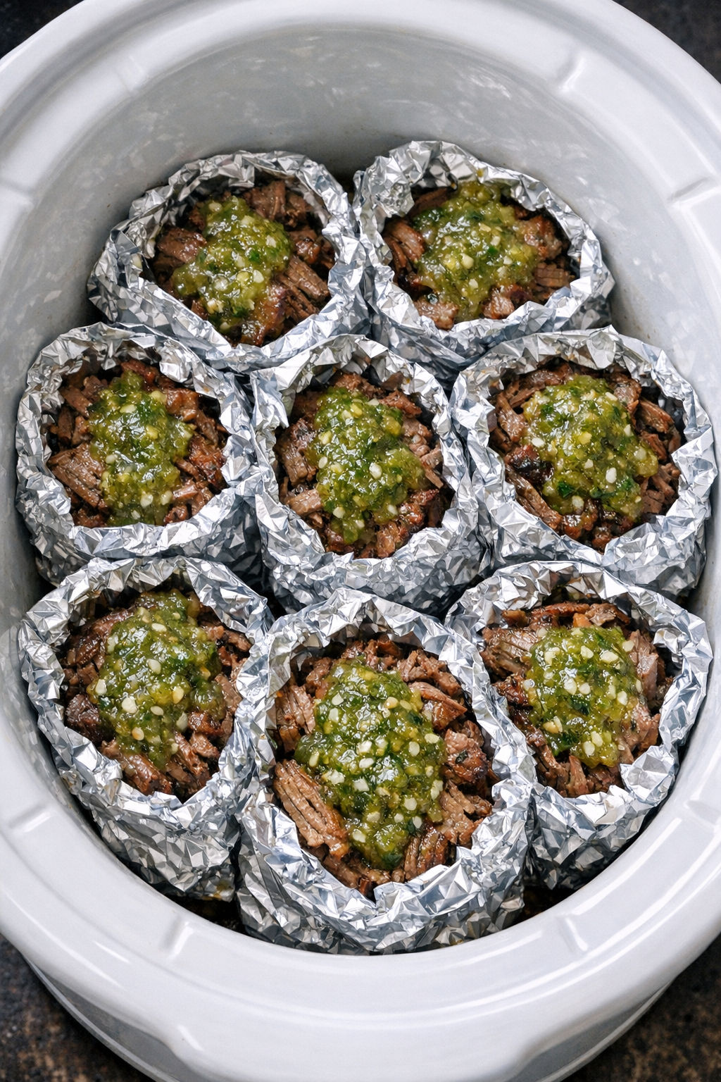 Foil wrapped beef packets with salsa verde in a slow cooker