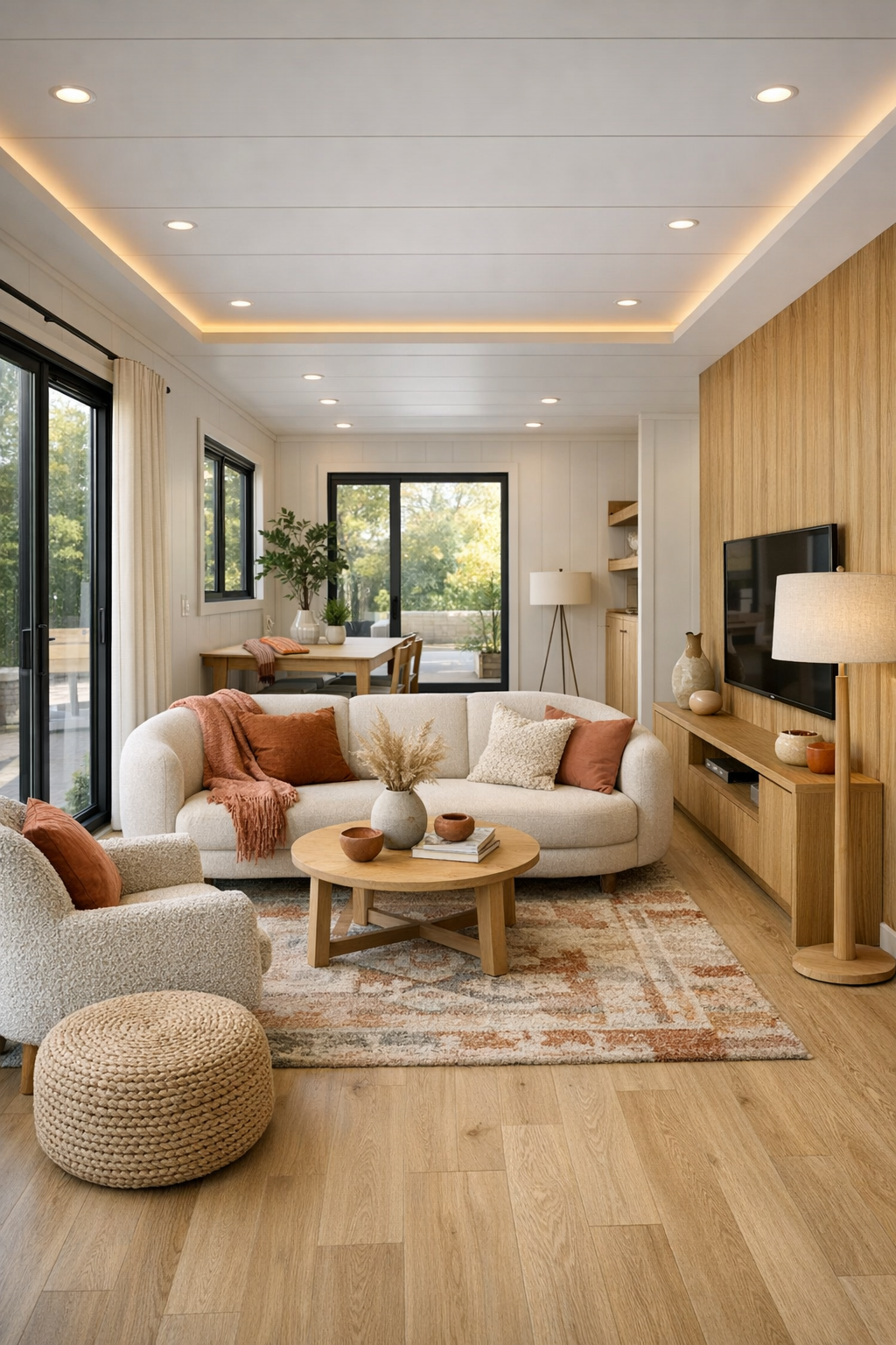 Accessible modern living room with cream seating, pale oak floors, and soft coral accents