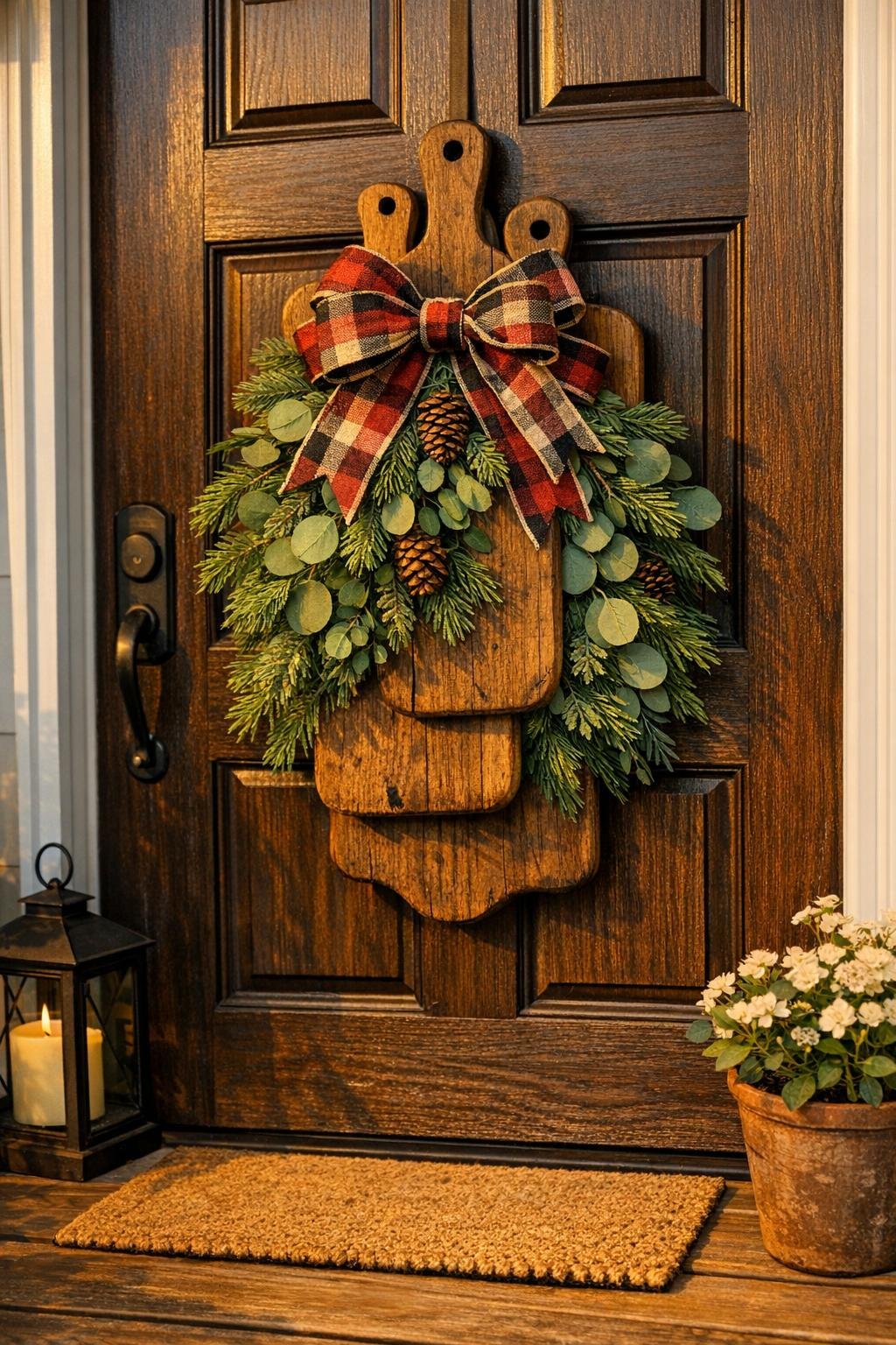 Finished cutting board front door swag hanging on a front door