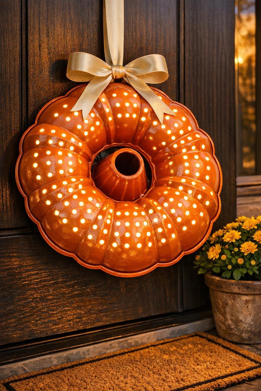 Finished glowing wreath made from a painted metal bundt pan hanging on a front door