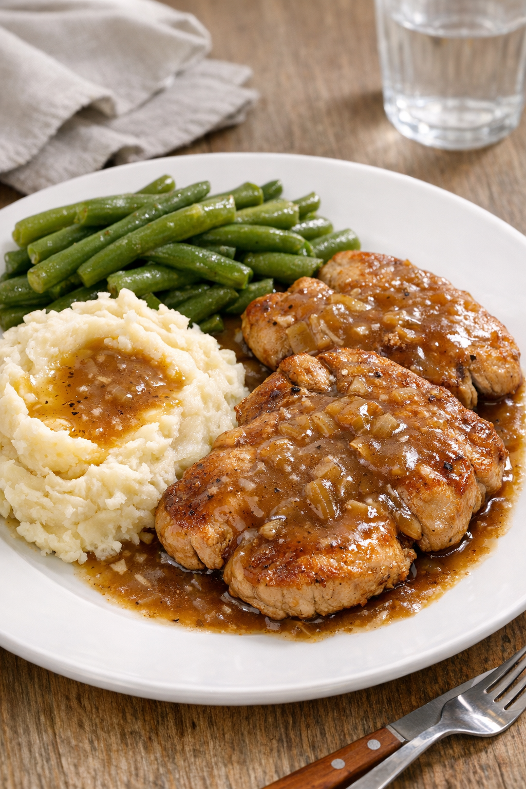 Finished slow cooker pork chops with gravy on a plate