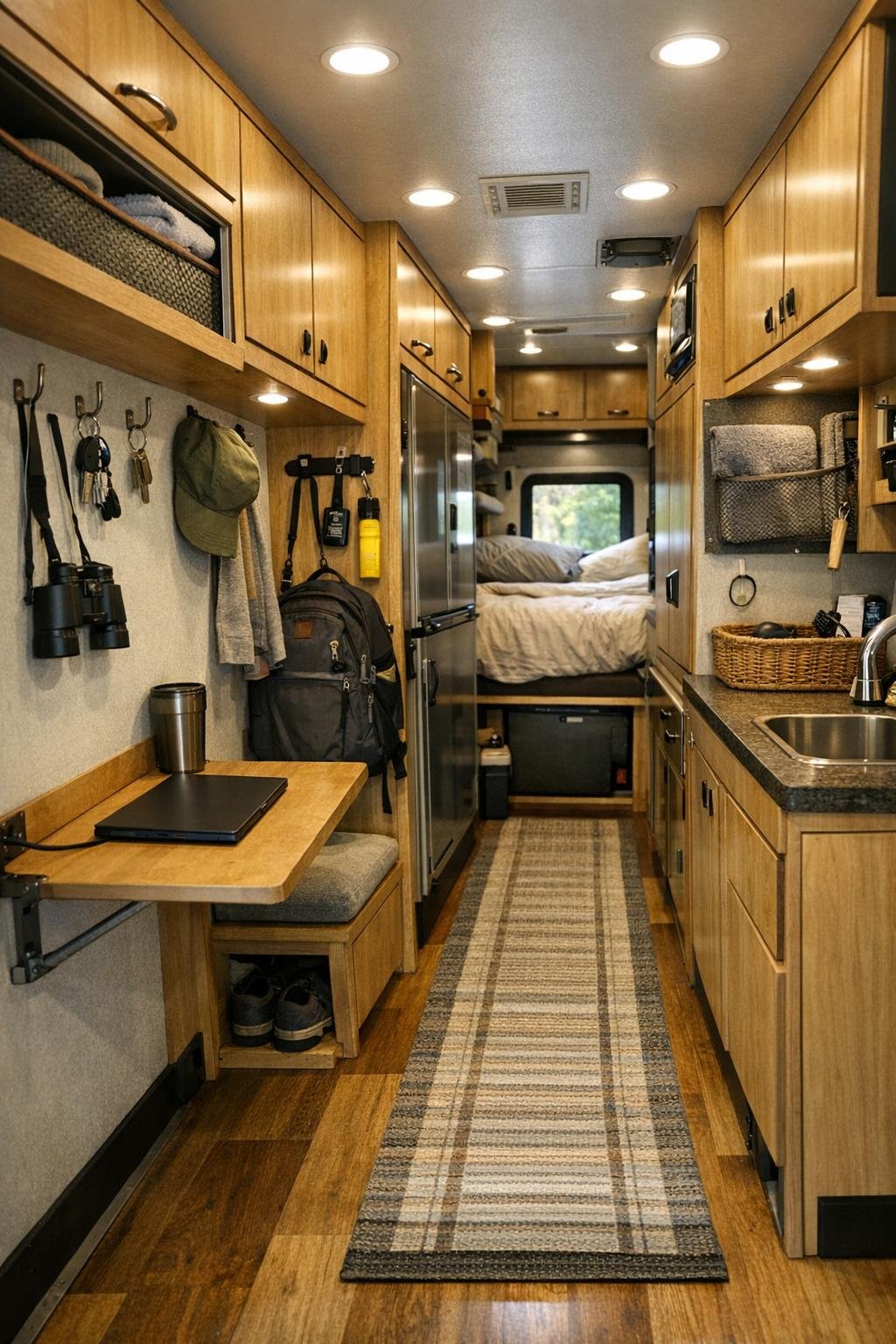 Smart storage and transition area inside the camper with built-in cabinets and hooks
