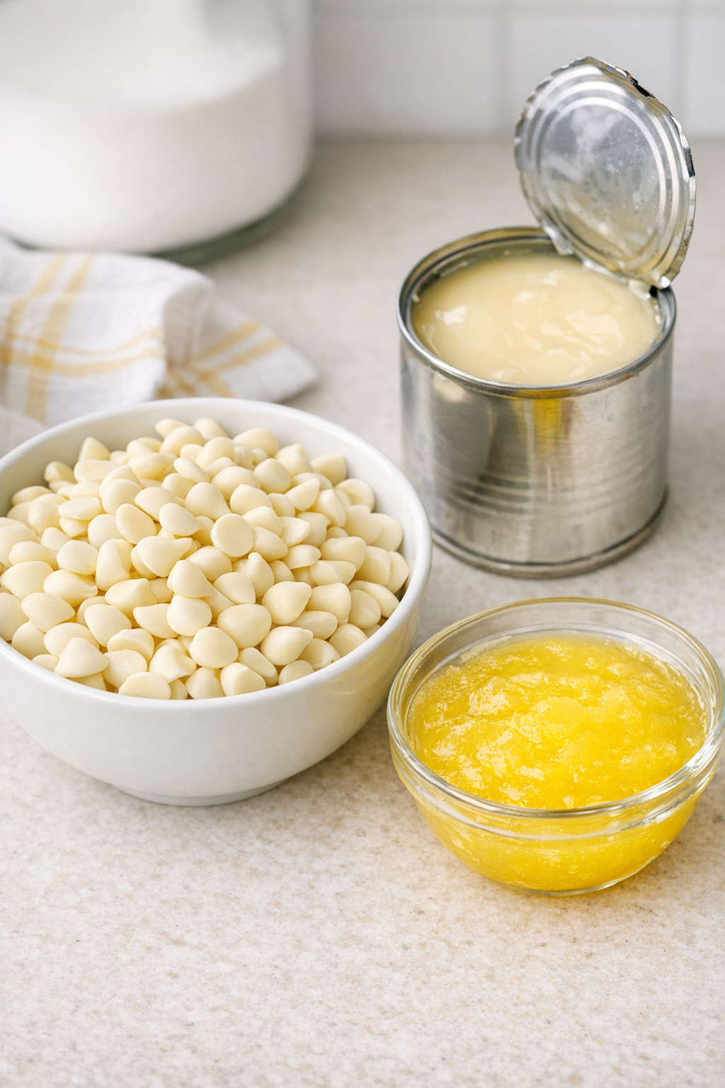 White chocolate chips, sweetened condensed milk, and lemonade concentrate