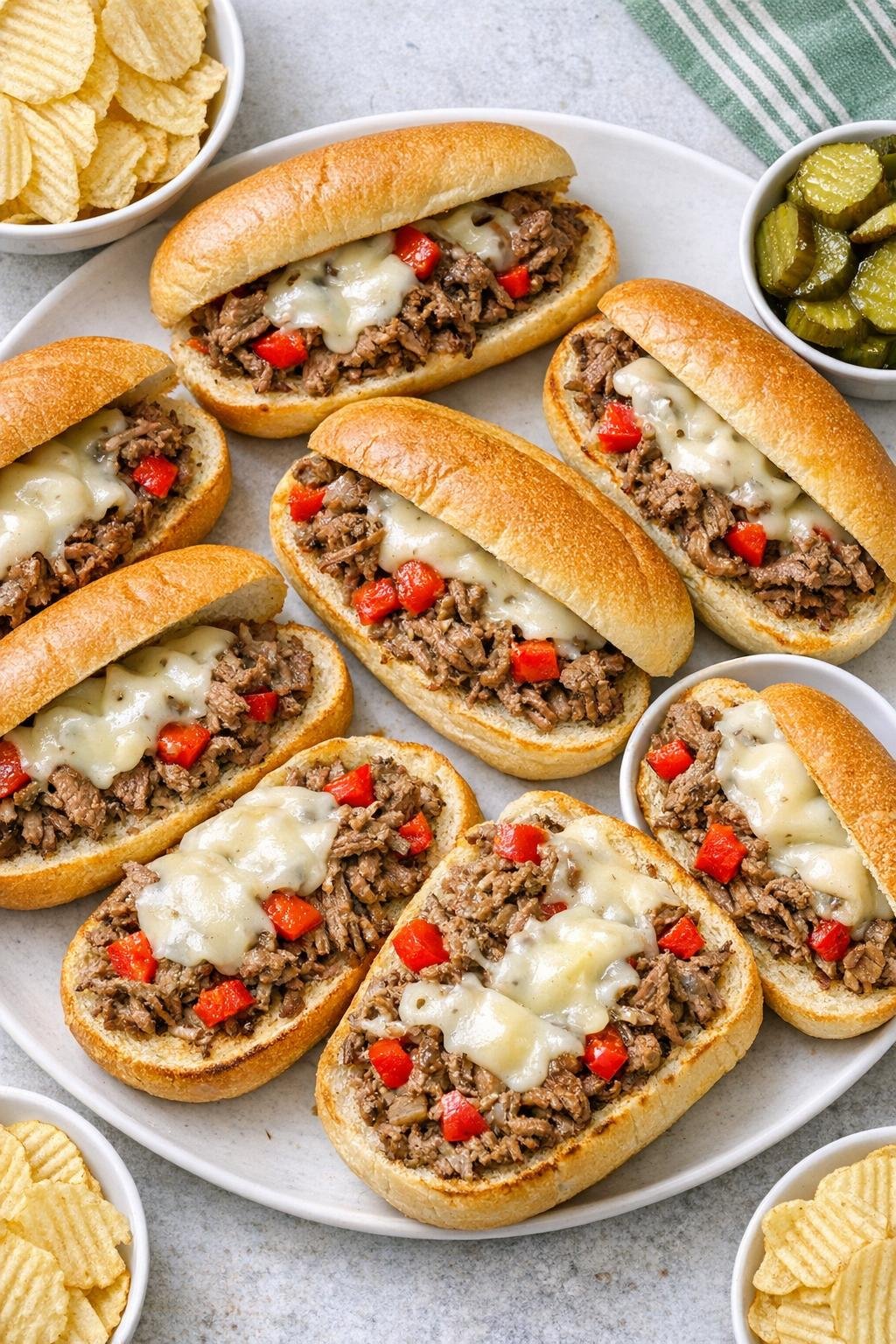 Finished shaved steak sandwiches on a platter