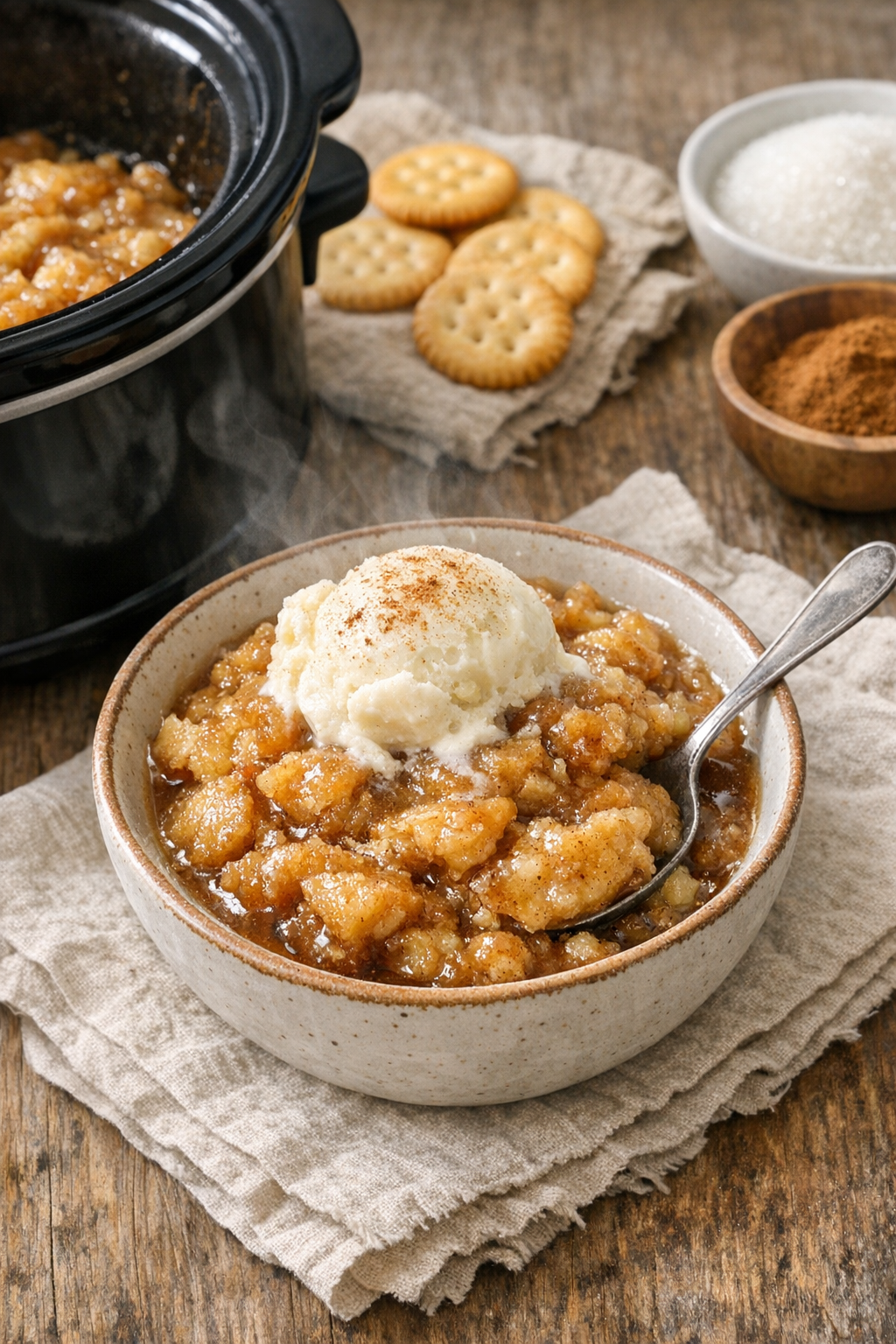 Finished mock apple cobbler served warm in a bowl