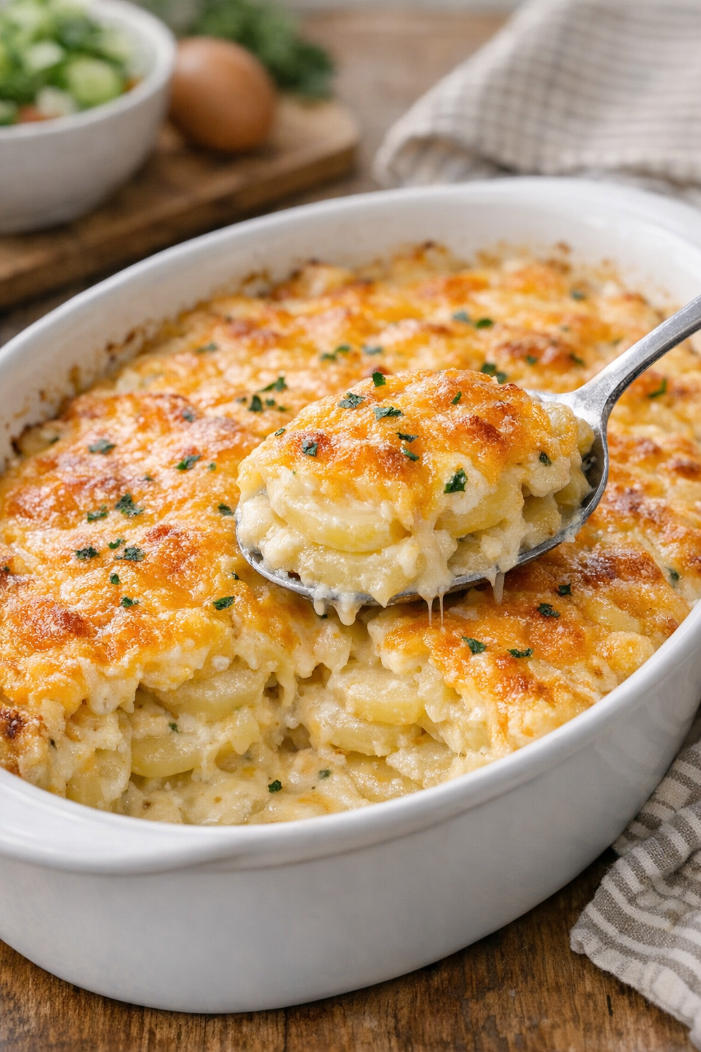 Finished cheesy slow cooker potato bake in a serving dish