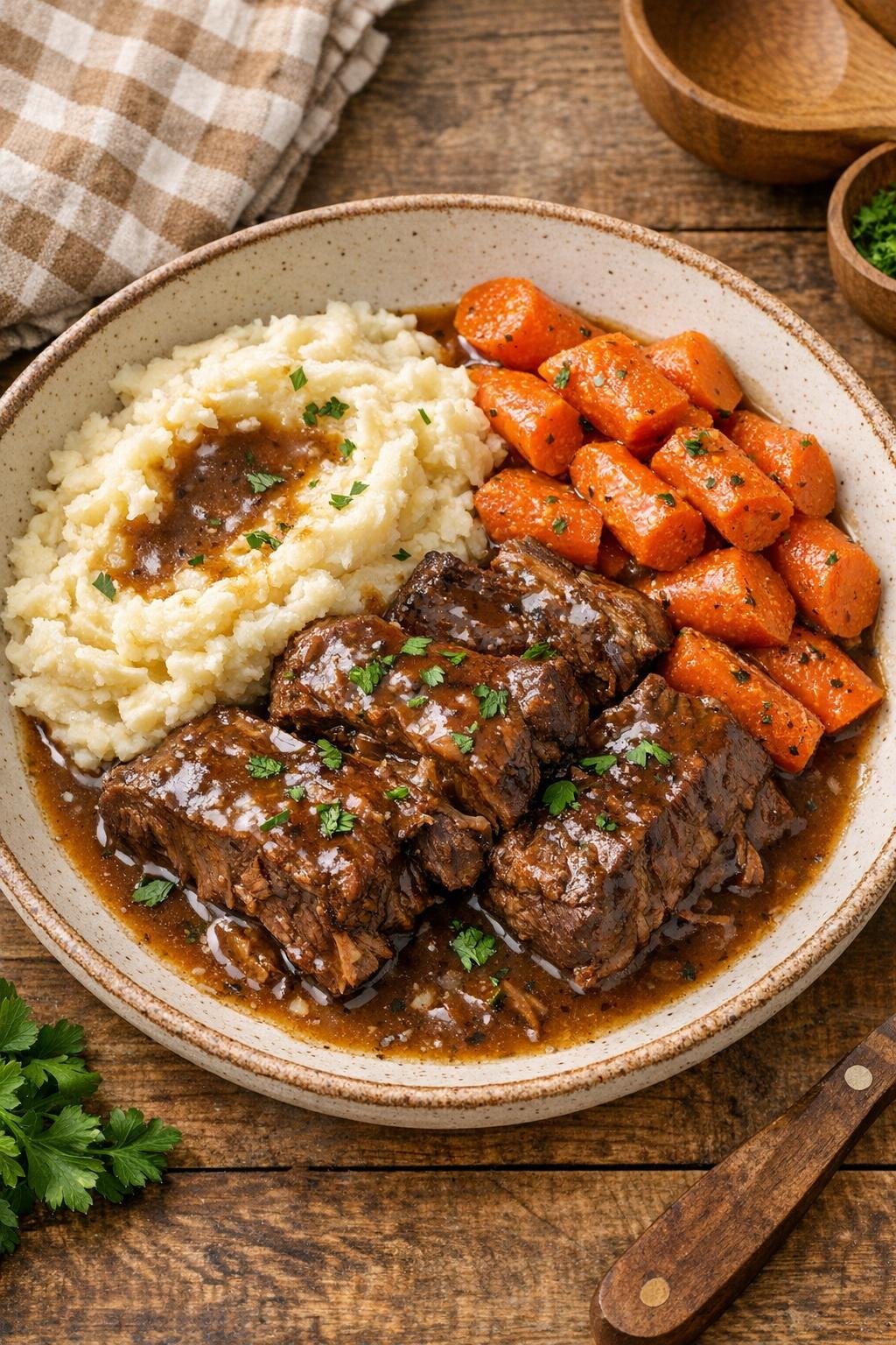Finished braised beef short ribs plated with sauce