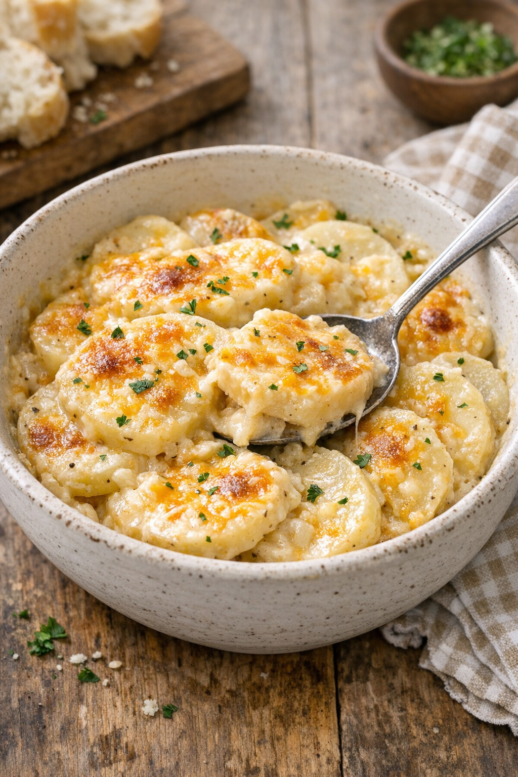Finished slow cooker Amish neighborhood night potatoes in a serving dish