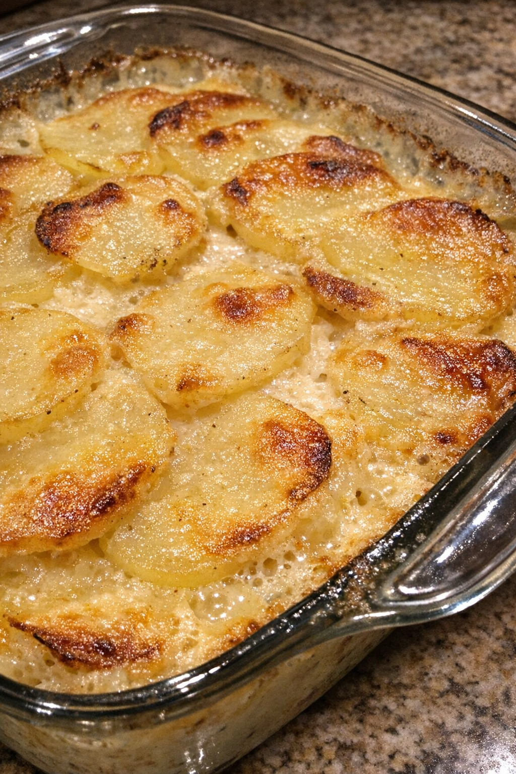 Golden scalloped potatoes in a glass baking dish