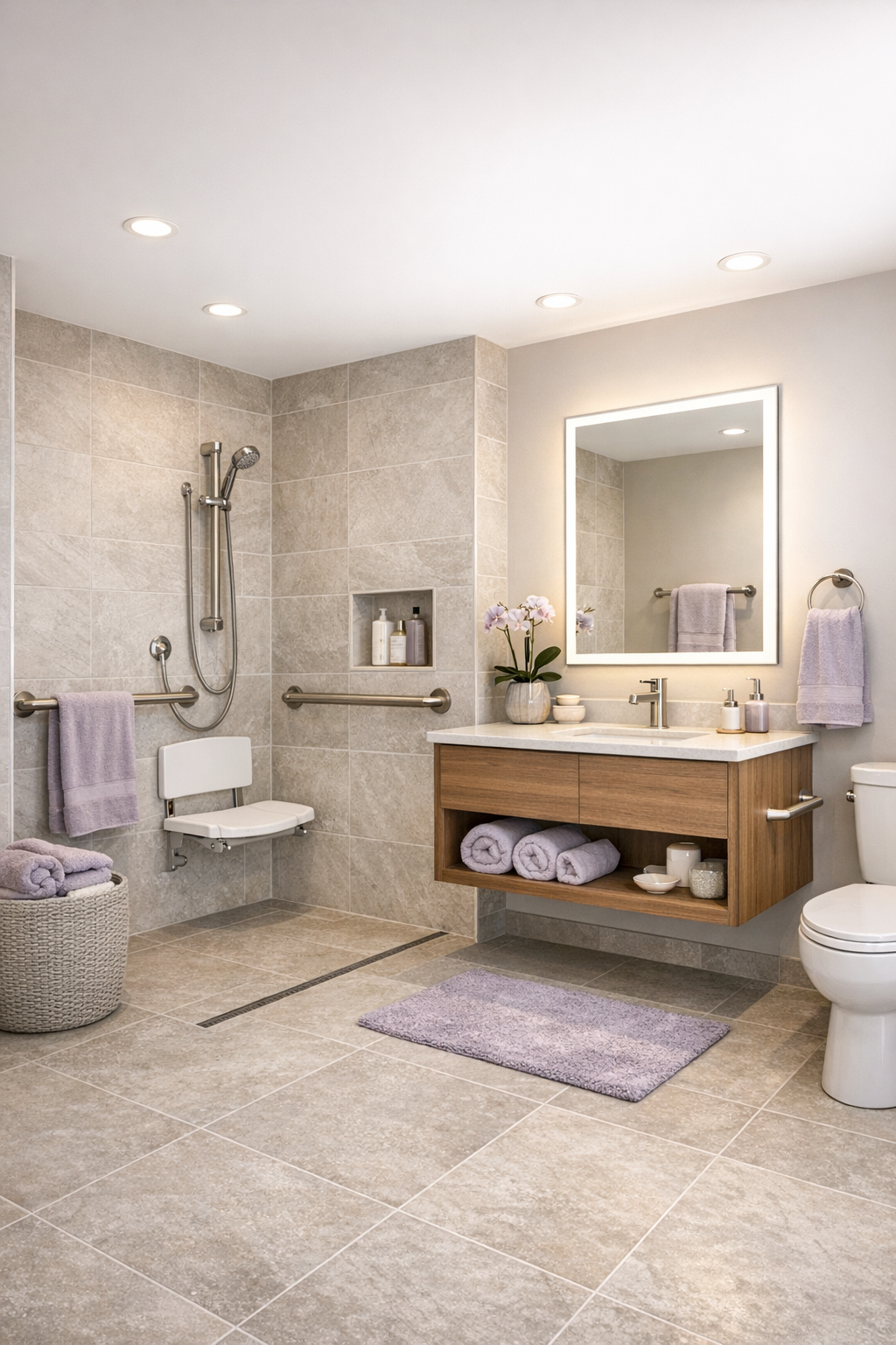 Spa-like accessible bathroom with curbless shower, pale stone tile, and warm wood vanity
