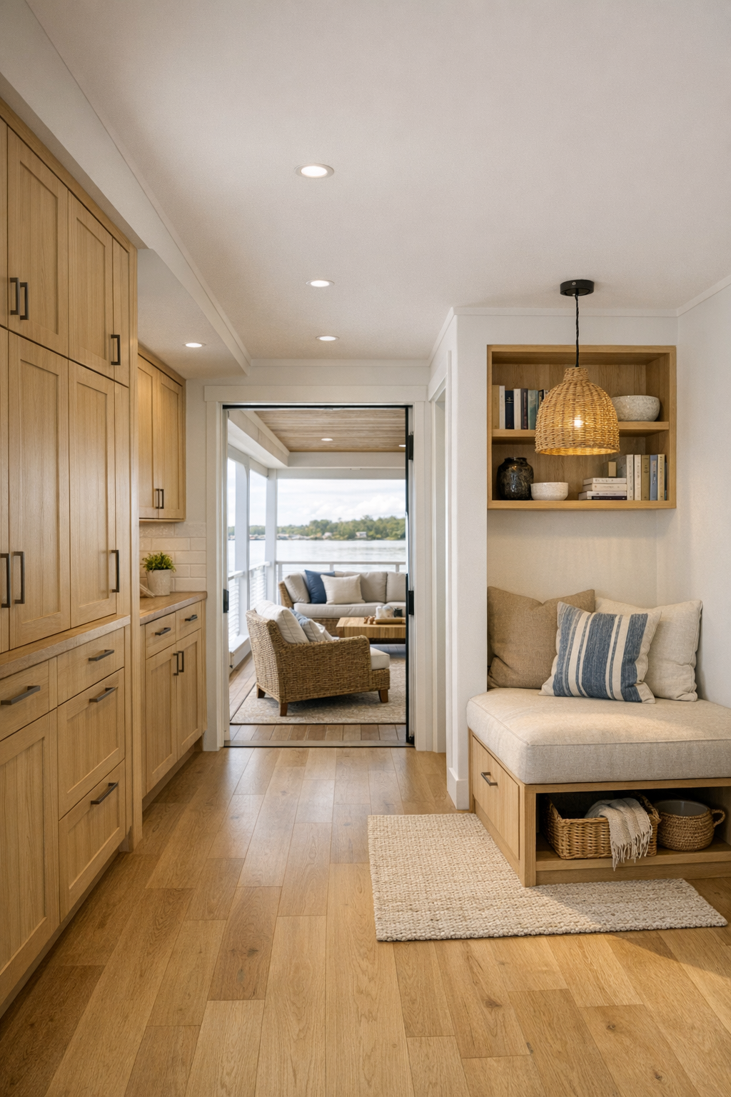 Wide coastal hallway and deck transition with built-in storage, seating, and soft natural light