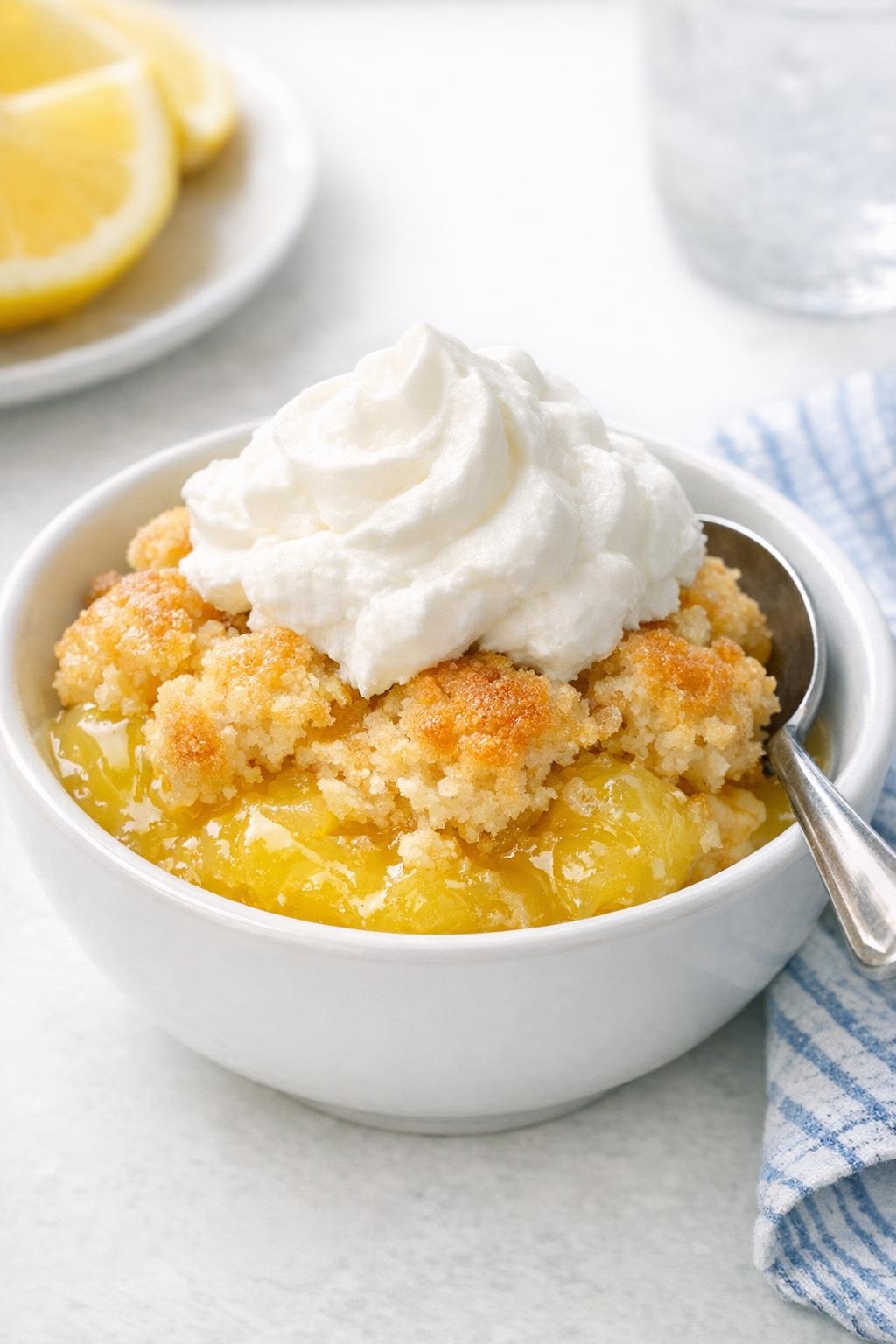 Plated lemonade cobbler with whipped topping