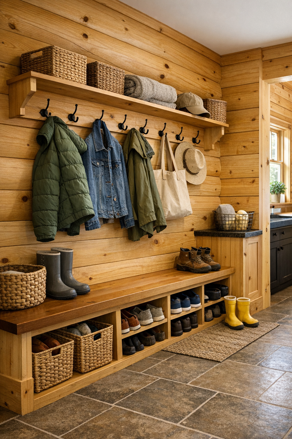 Charming mudroom and utility area with built-in bench, wood storage, and practical country details