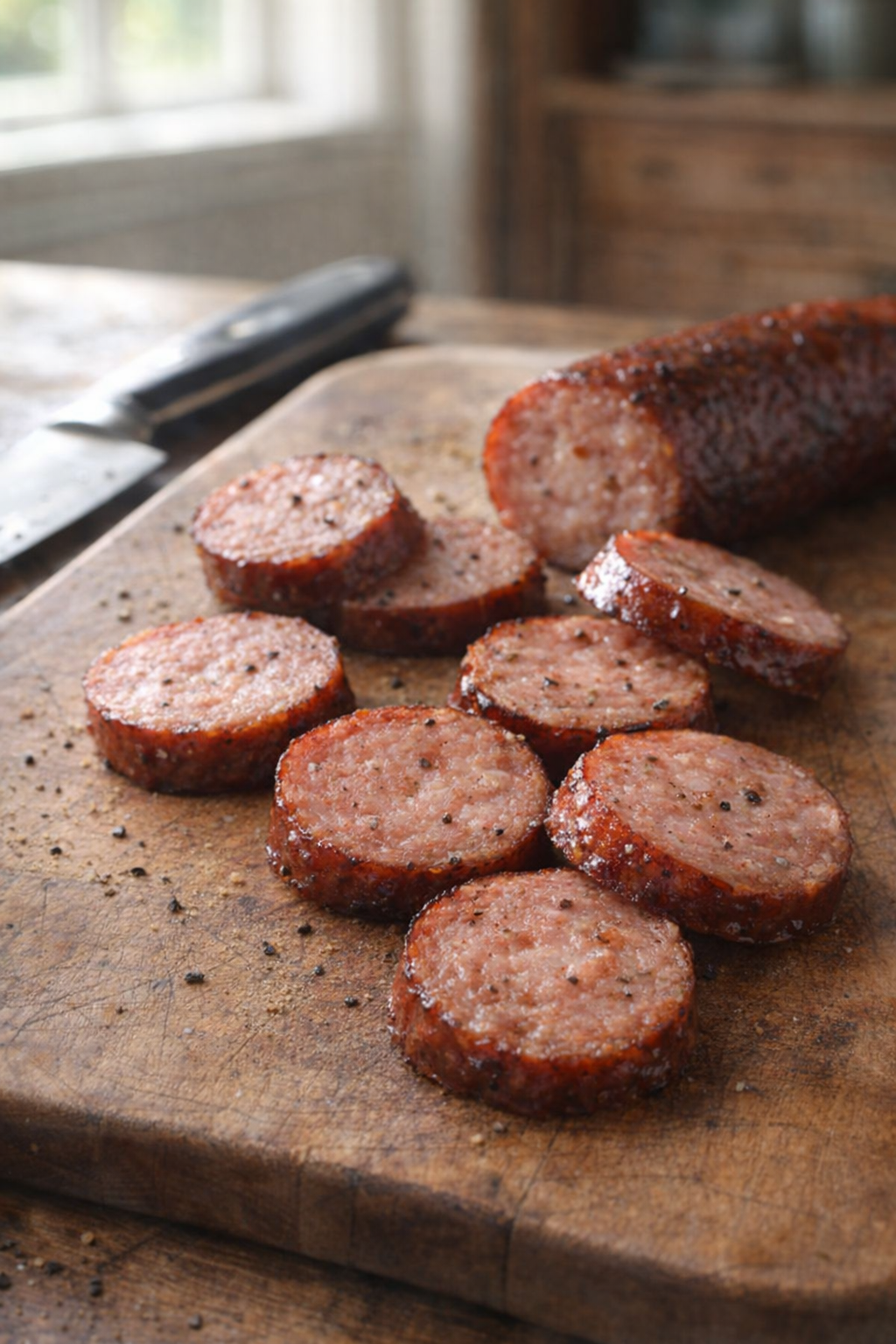 Szeletelt füstölt kolbász egy vágódeszkán egy konyhakés mellett