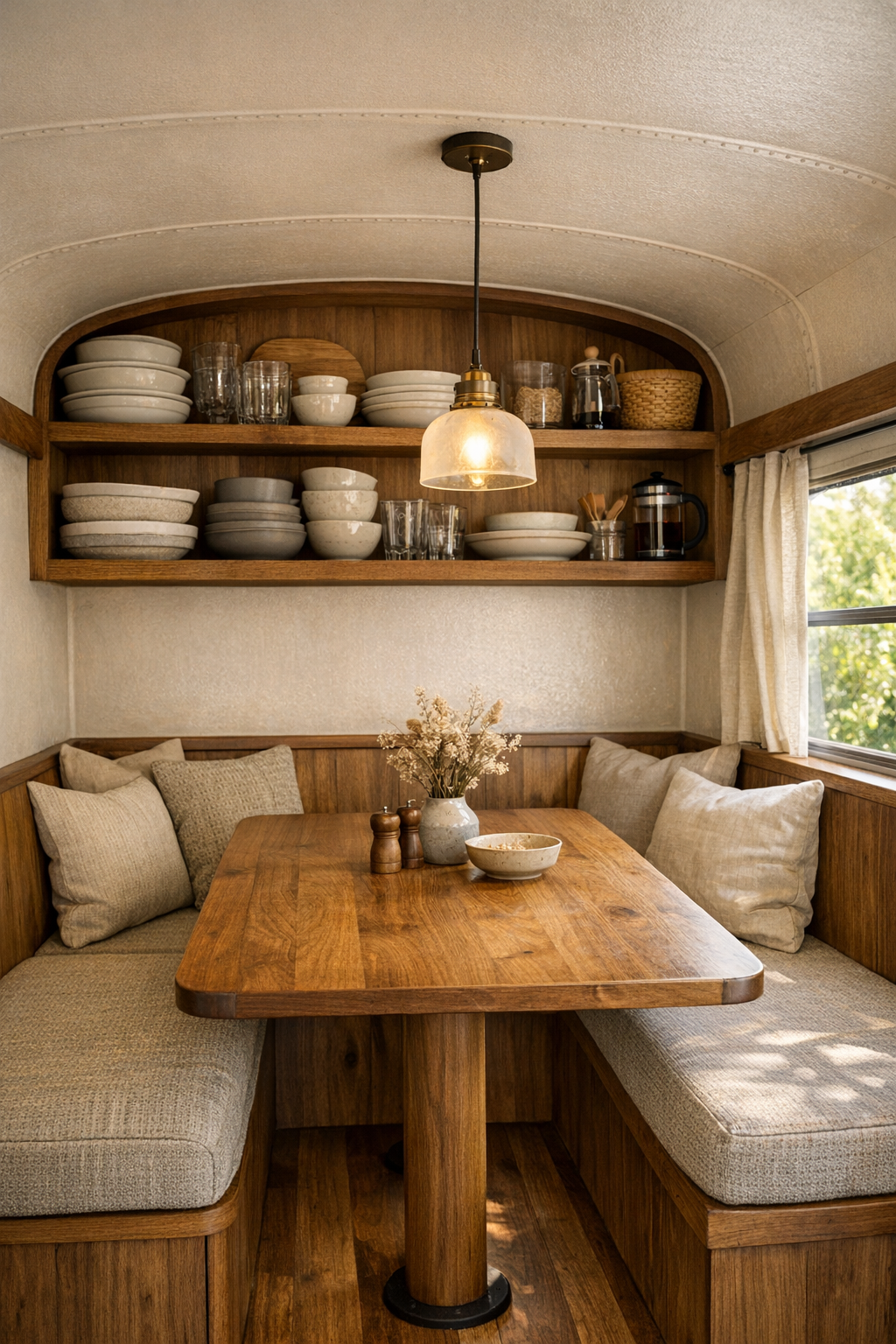 Compact dining nook in a converted bus with a wood table and built-in seating