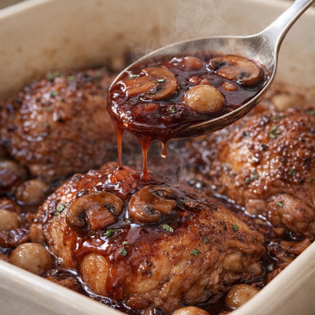 Finished sauce being spooned over chicken