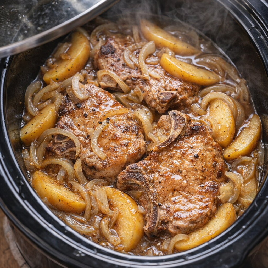 Slow cooker pork chops with apples and onions