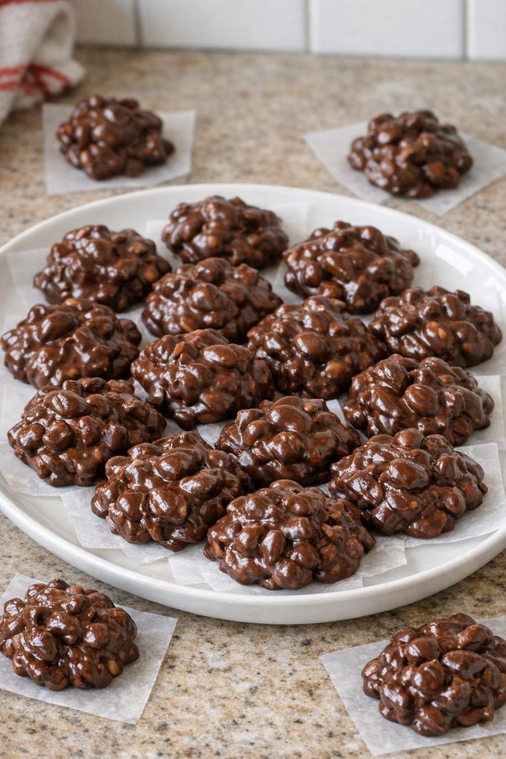 Finished crockpot candy clusters on a platter