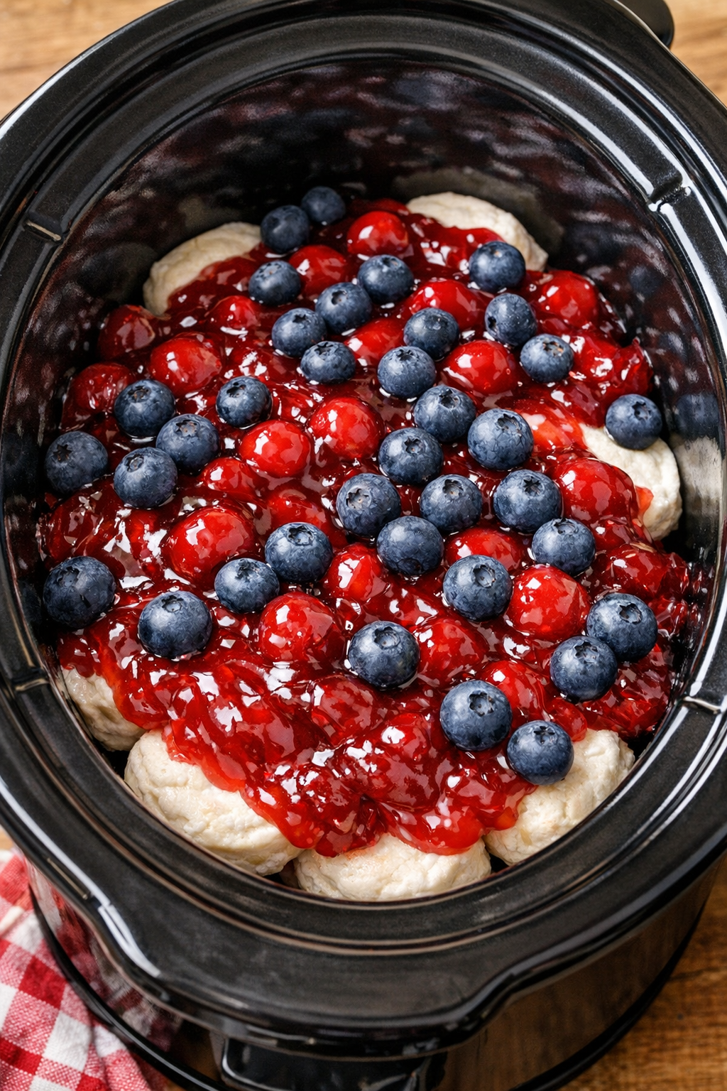 Cherry pie filling and blueberries spread over biscuits
