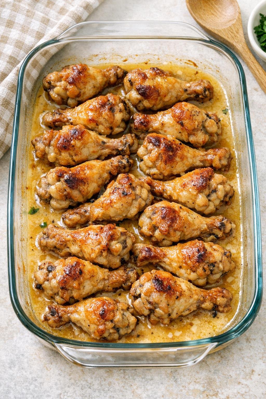 Finished baked chicken drummettes in creamy golden sauce