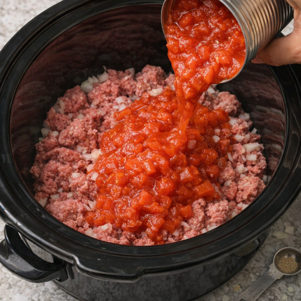 Raw beef and tomatoes layered in slow cooker