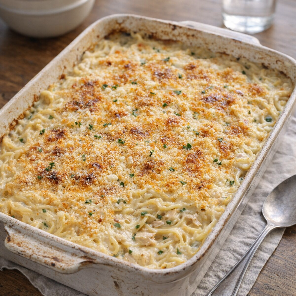 Creamy chicken tetrazzini in a vintage casserole dish
