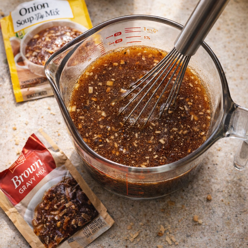 Gravy mixture being whisked in a measuring cup