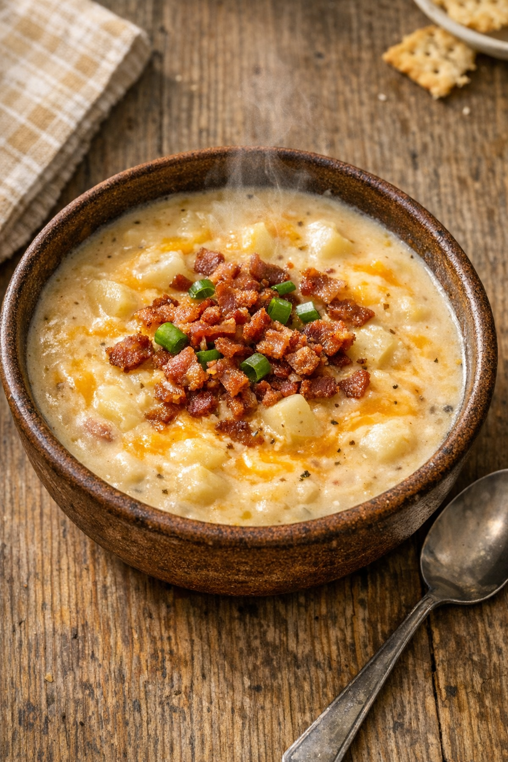 Finished bowl of creamy loaded potato soup