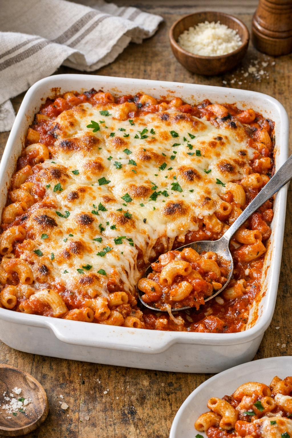 Finished baked marinara macaroni in a rustic baking dish