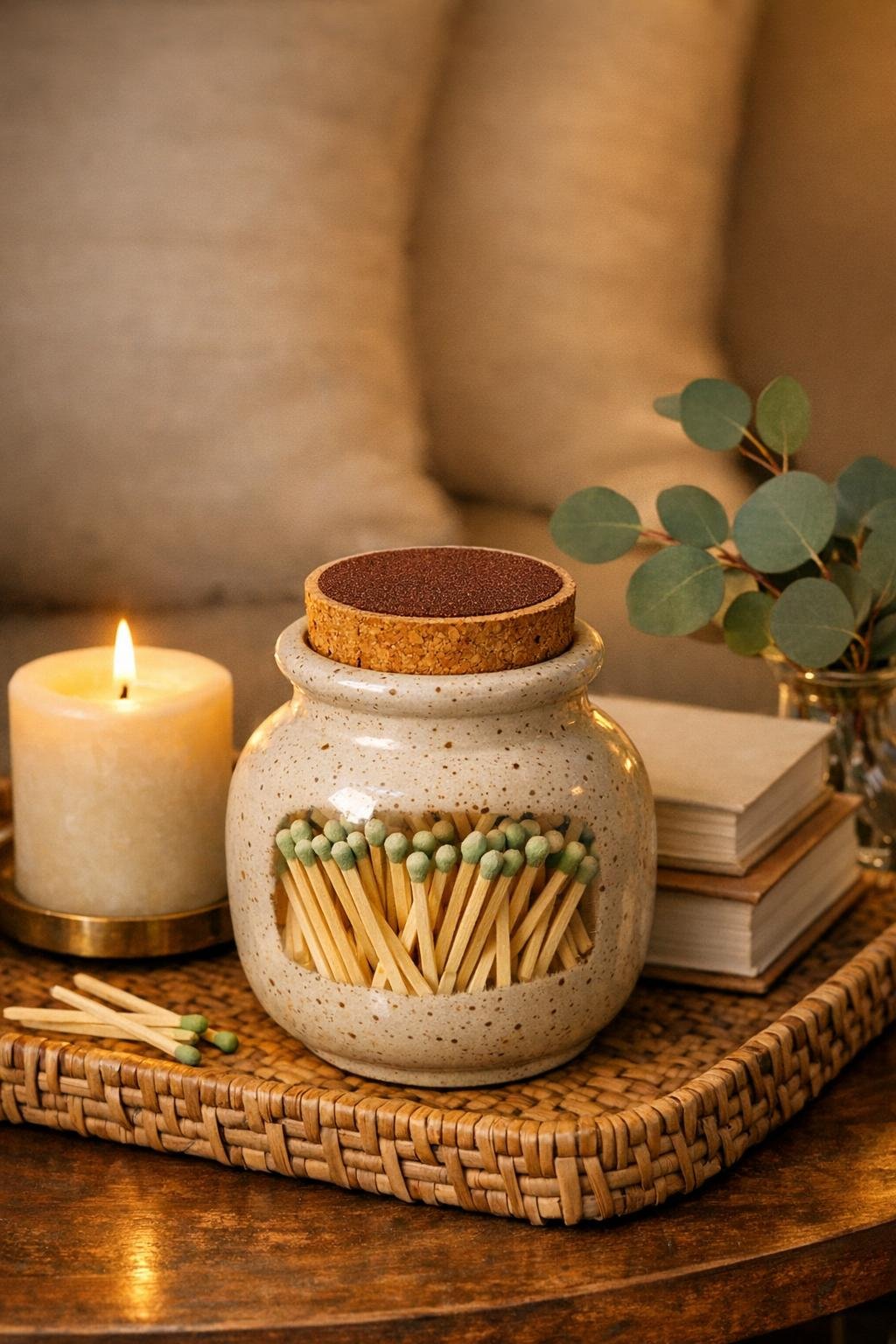 Finished ceramic jar match striker styled in a living room beside candles