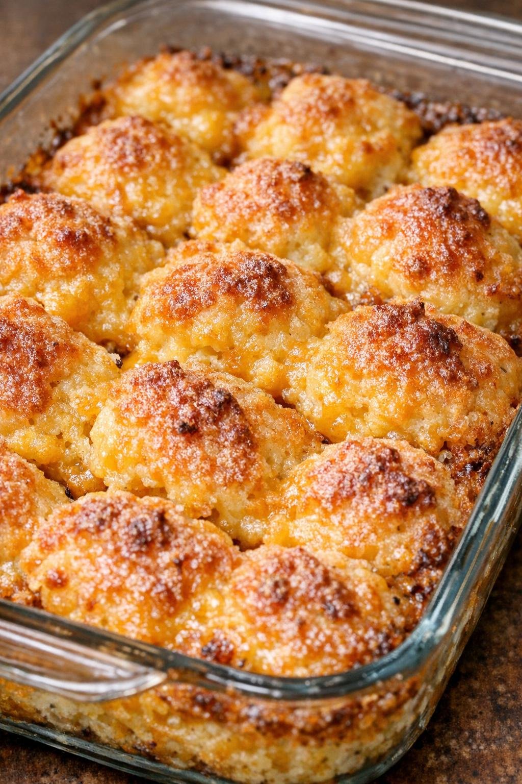 Southern 4-ingredient baked cheddar bites in a glass casserole dish