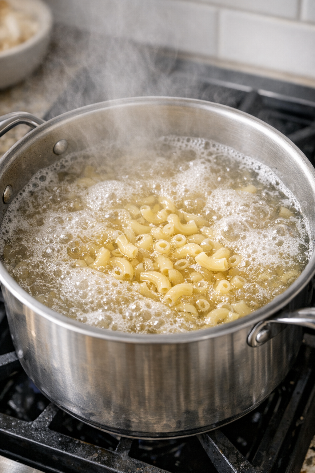 Elbow macaroni boiling in a large pot