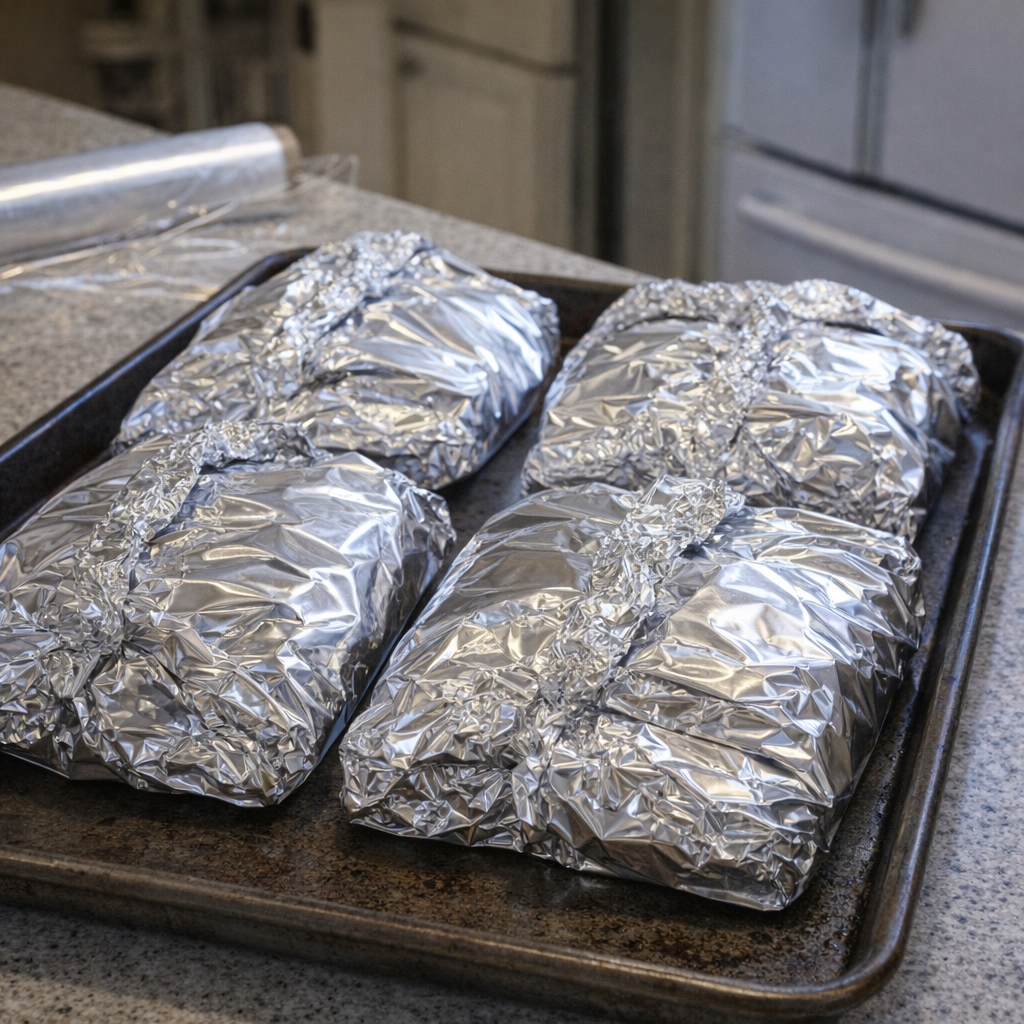 Foil packets prepped ahead on a refrigerator-ready baking sheet
