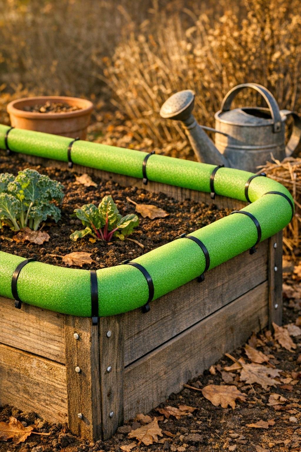 Raised garden bed with bright green pool noodle edge protector installed for frost season