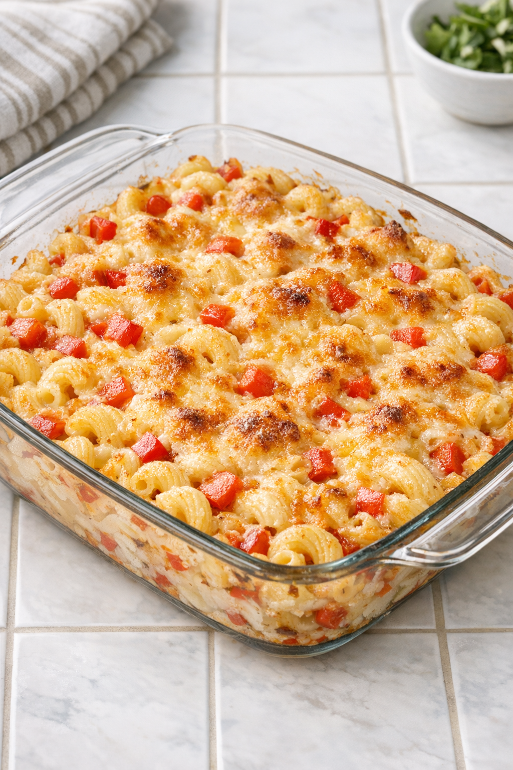 Finished baked red pepper macaroni in a glass casserole dish