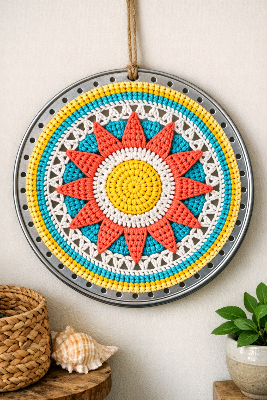 Finished crochet summer wall art made from a drilled metal pizza pan
