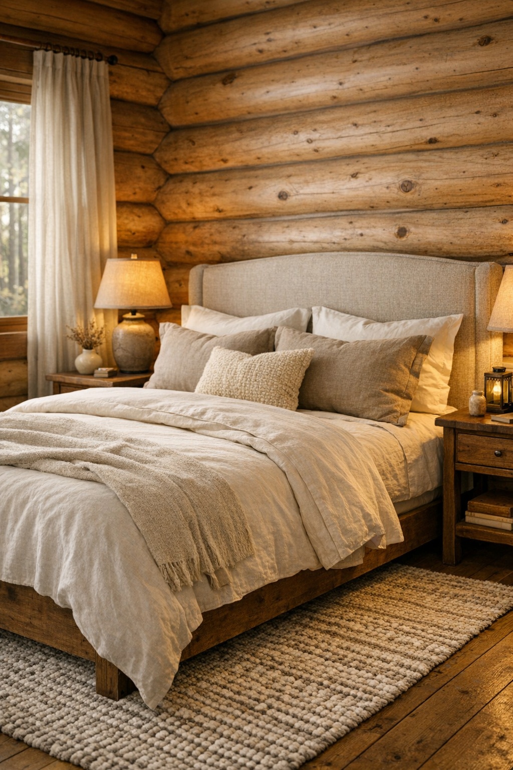 Serene log bedroom with linen bedding and warm layered textures
