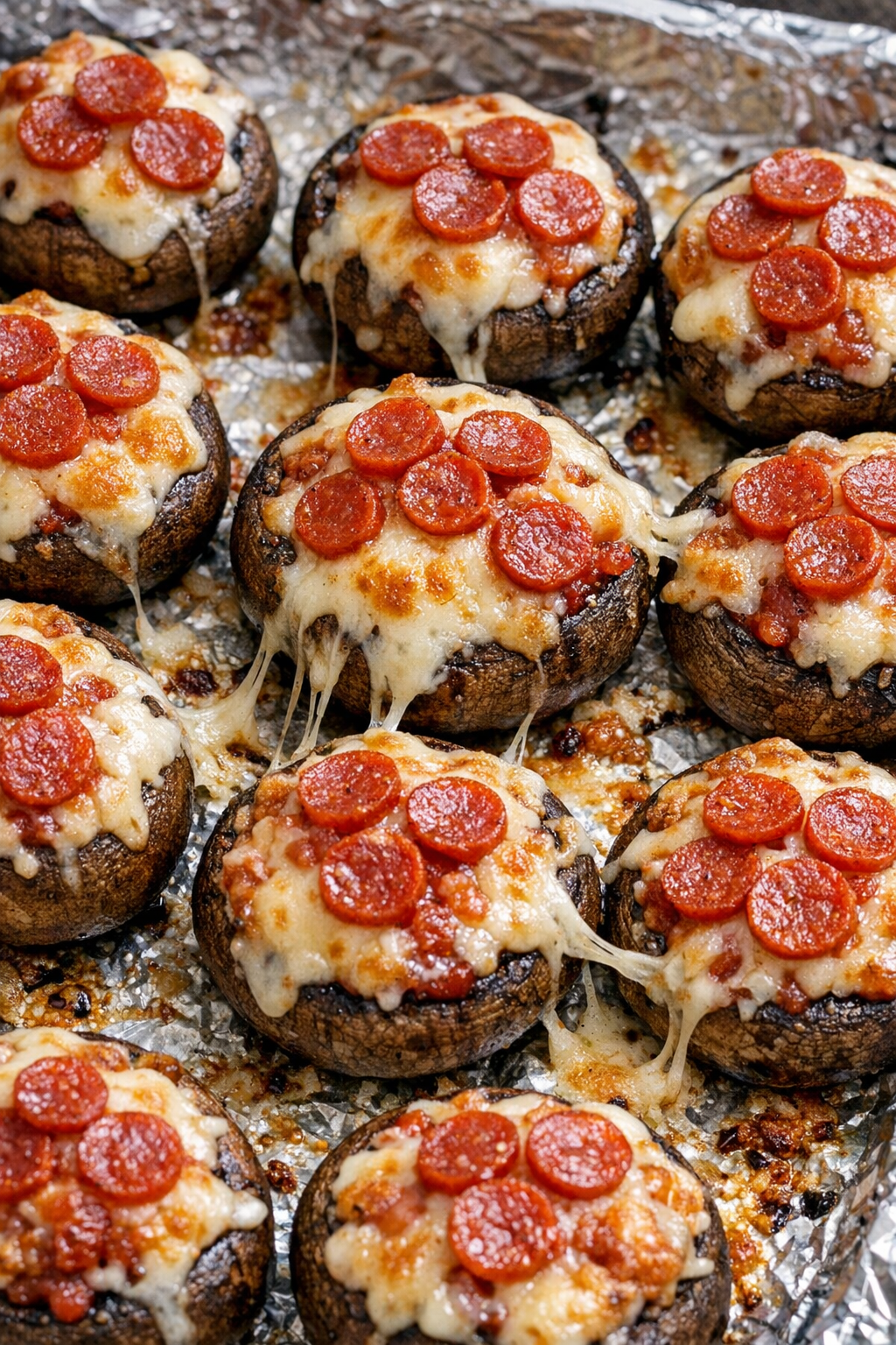 Finished pizza mushroom bakes with melted mozzarella and pepperoni