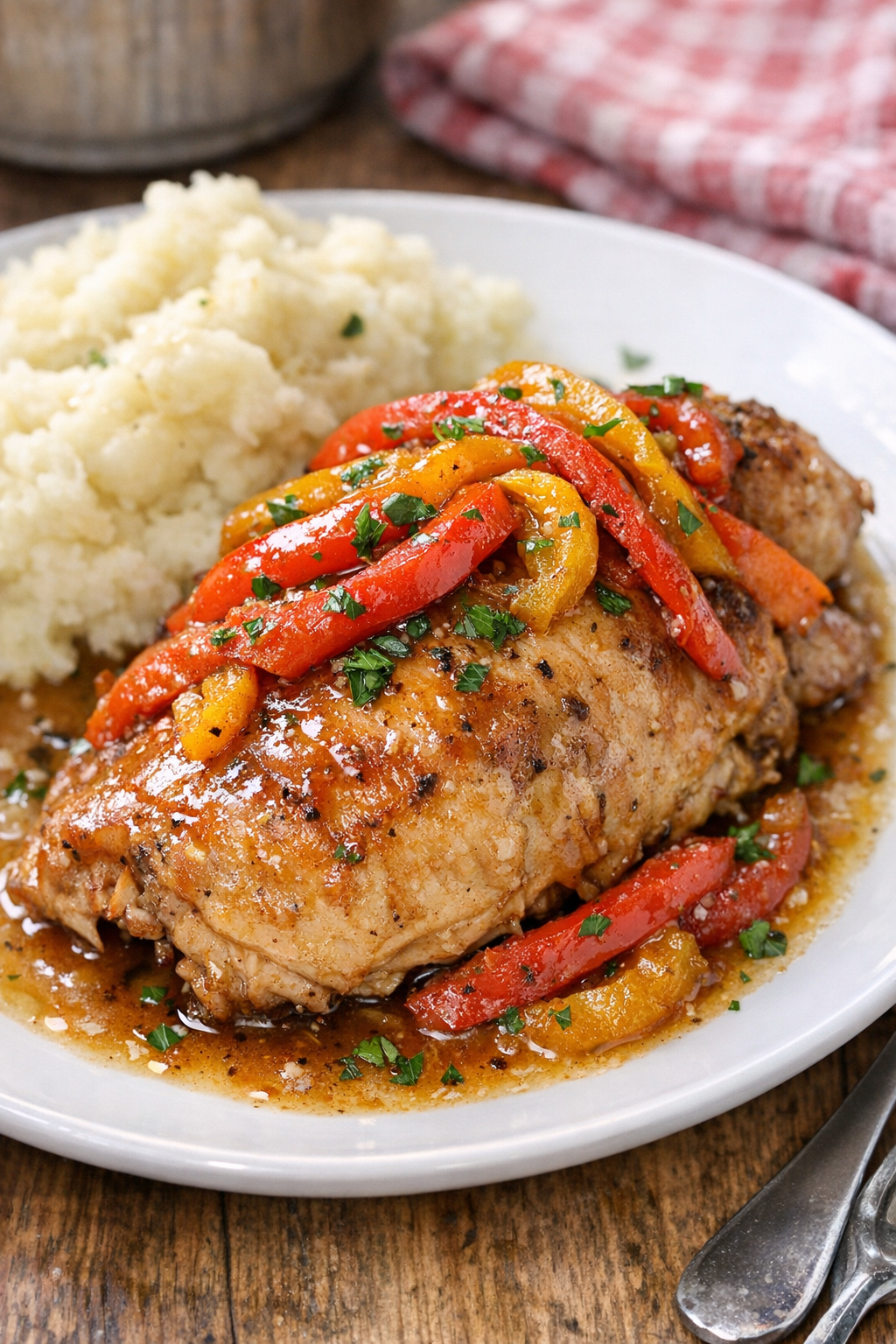 Finished slow cooker chicken plated with peppers and sauce