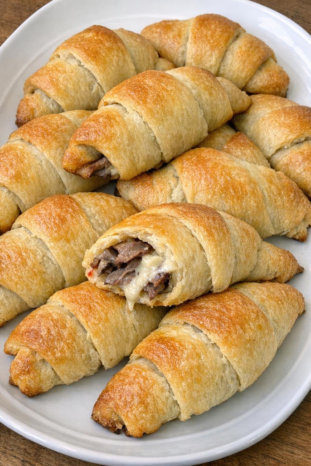 Golden brown crescent horns filled with roast beef and pepper jack cheese on a white platter