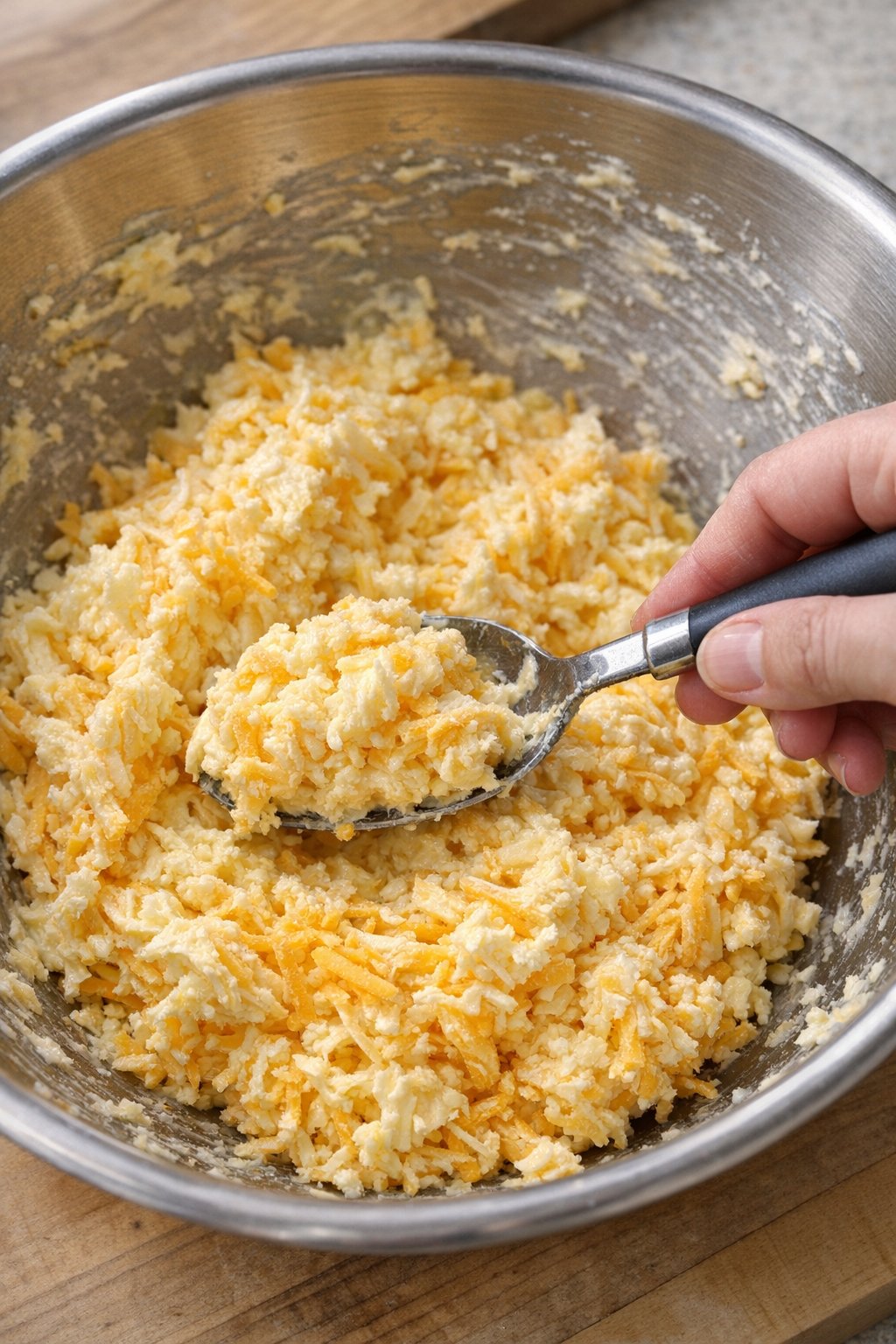 Cheddar og smør blandes i en skål