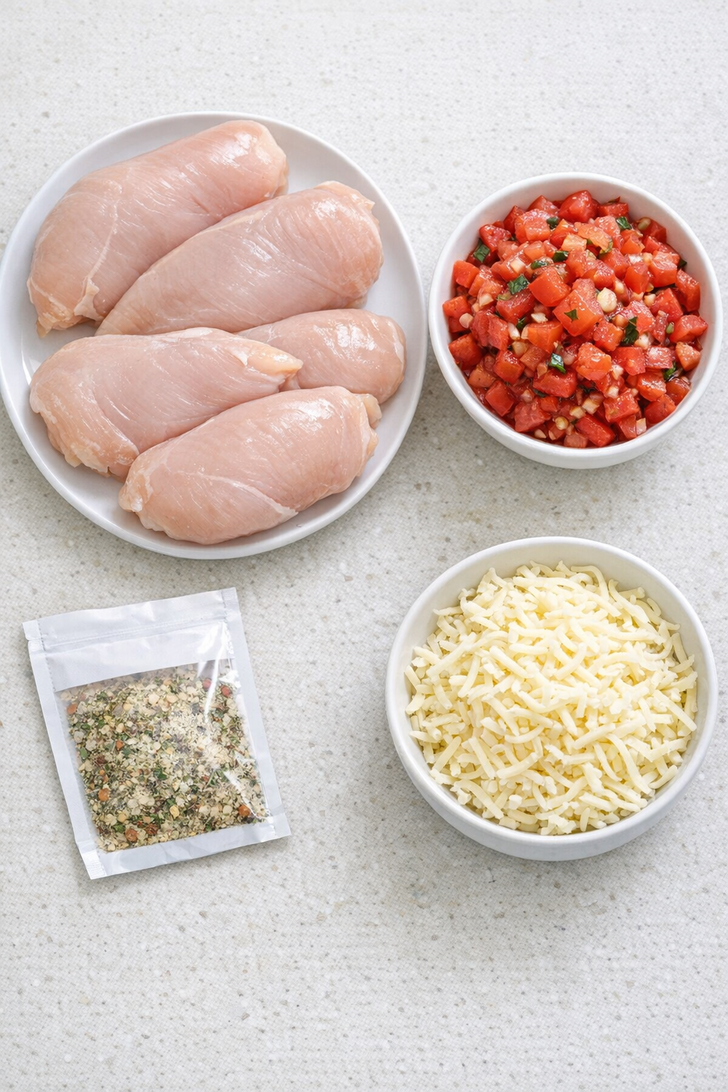 Main ingredients for bruschetta chicken packets