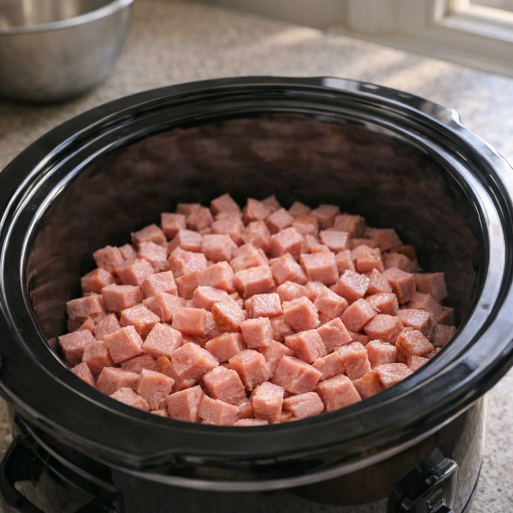 Slow cooker filled with diced ham before sauce is added