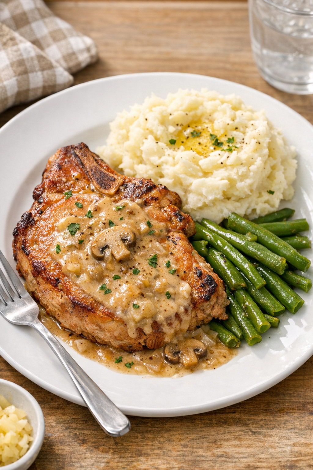 Finished plated smoked pork chops with sauce