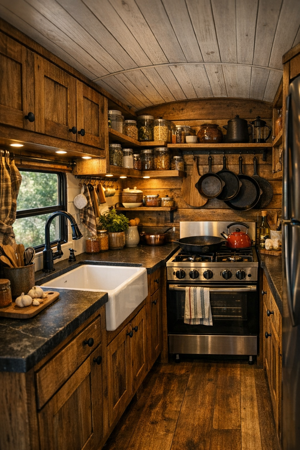 Off-grid bus kitchen with wood cabinetry, dark counters, and farmhouse sink